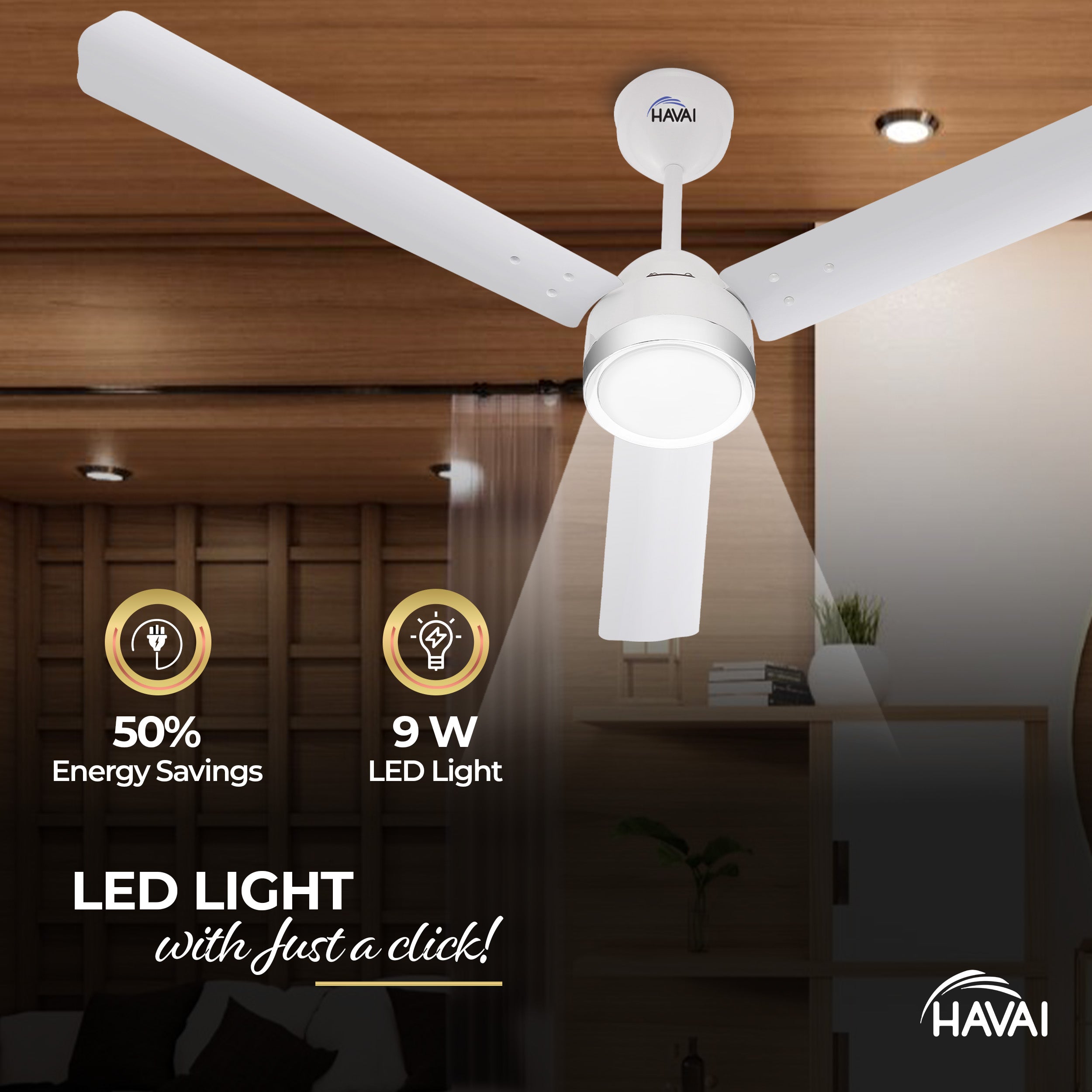 HAVAI Spinel BLDC Ceiling Fan with Decorative Ring | 1200mm, 3 Blades, 27W | Remote Control &amp; 9W LED Light | 2 Years Warranty | Pearl White