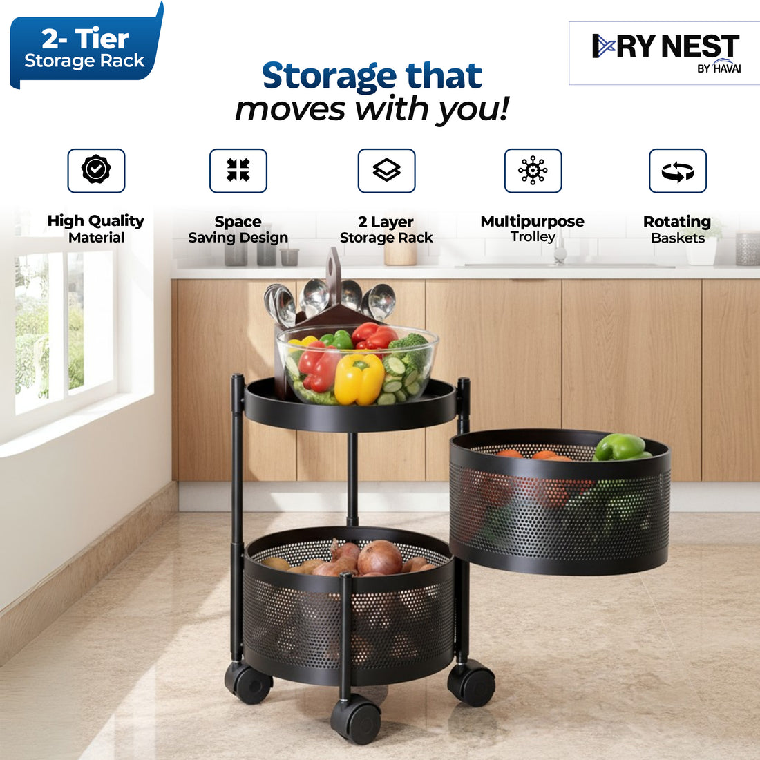 HAVAI 2 Tier Round Rolling Kitchen Storage Rack | Sturdy Metal Frame| Space-Saving Utility Shelf – Black