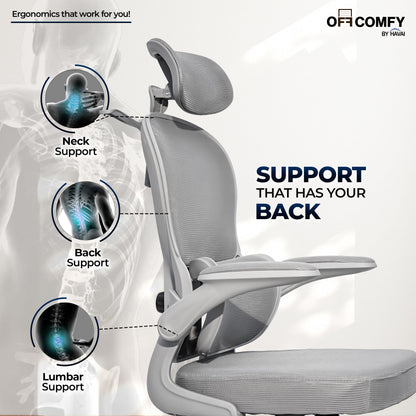 HAVAI Velmora Ergonomic Office Chair | High Back Mesh Chair with Reclining Mechanism, Adjustable Armrest, Headrest &amp; Lumbar Support | Nylon Base &amp; Wheels | Executive/WFH Chair (Grey)