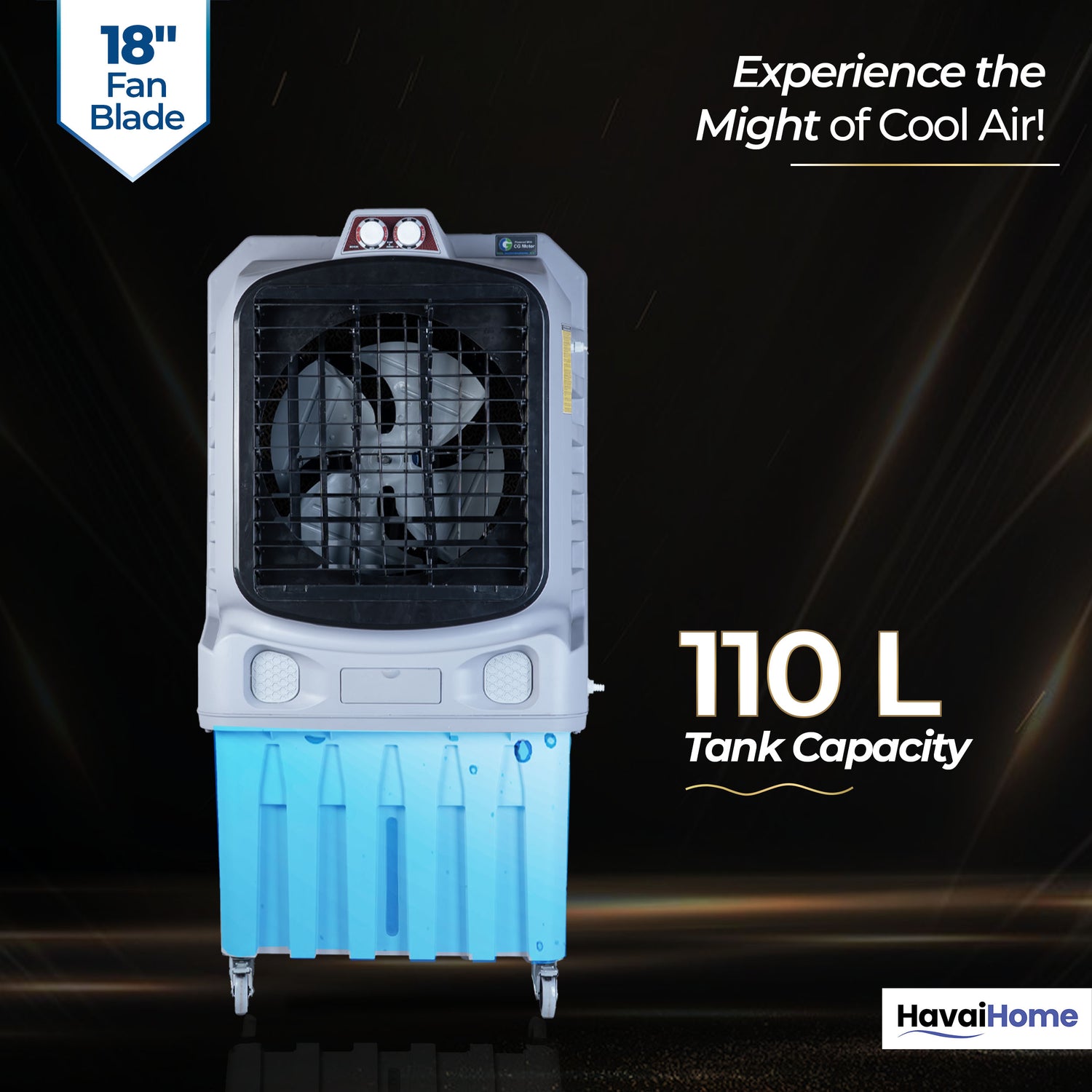 Mighty 18" Air Cooler | 18 Inch Blade | 110L Tank Capacity | 210W Power | 600 Sqft Coverage | Auto Swing | Back Honeycomb | Clockwise | Lockable Wheels
