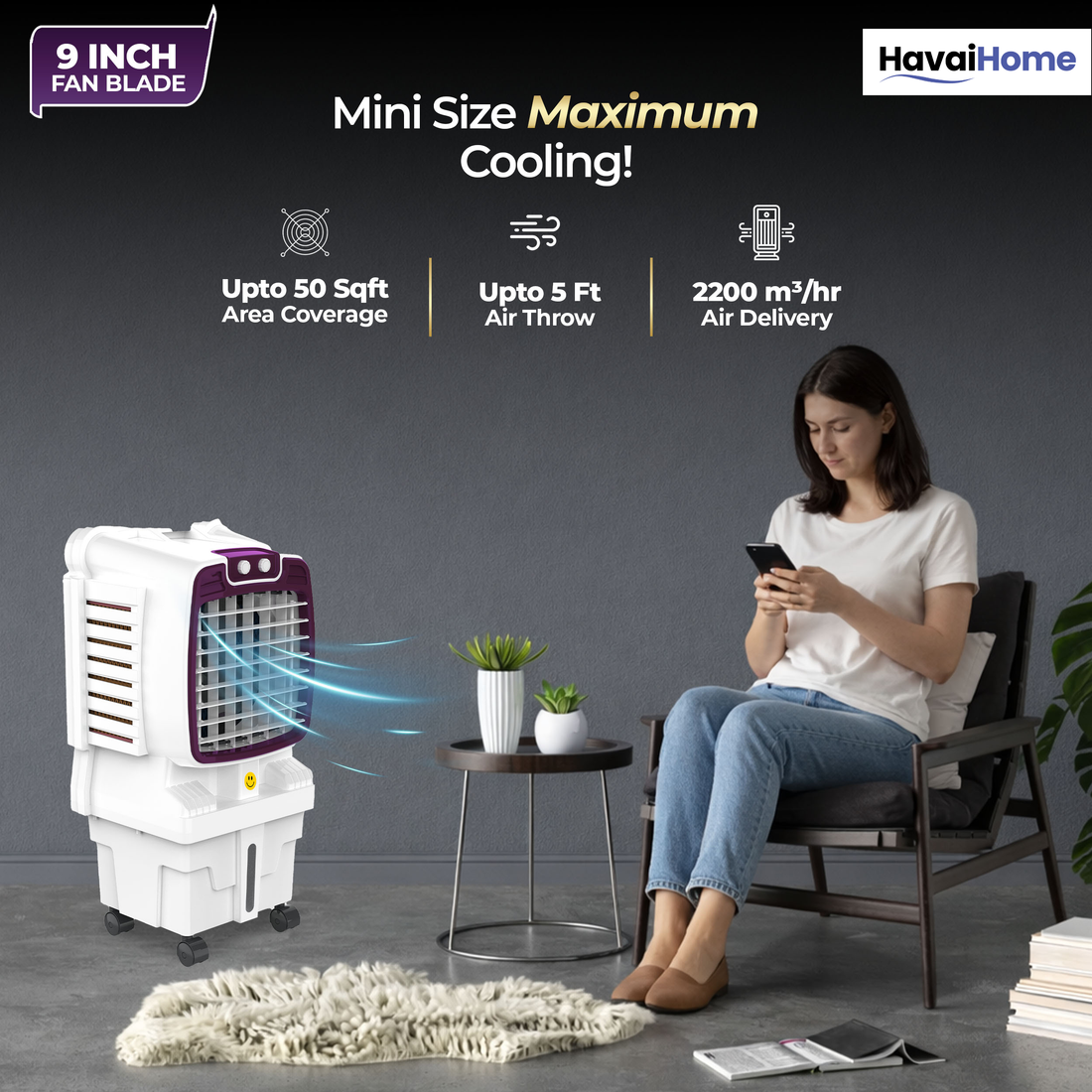 HAVAI Arizona 9 Mini Personal Air Cooler | India’s First 9-Inch Blade Cooler | 2600 RPM | 5 Ft Air Throw | 3-Side Honeycomb | 12L Tank | Motorised Louvers | 120W | Ideal for 50 Sq Ft