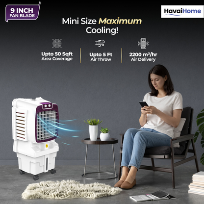 HAVAI Arizona 9 Mini Personal Air Cooler | India’s First 9-Inch Blade Cooler | 2600 RPM | 5 Ft Air Throw | 3-Side Honeycomb | 12L Tank | Motorised Louvers | 120W | Ideal for 50 Sq Ft