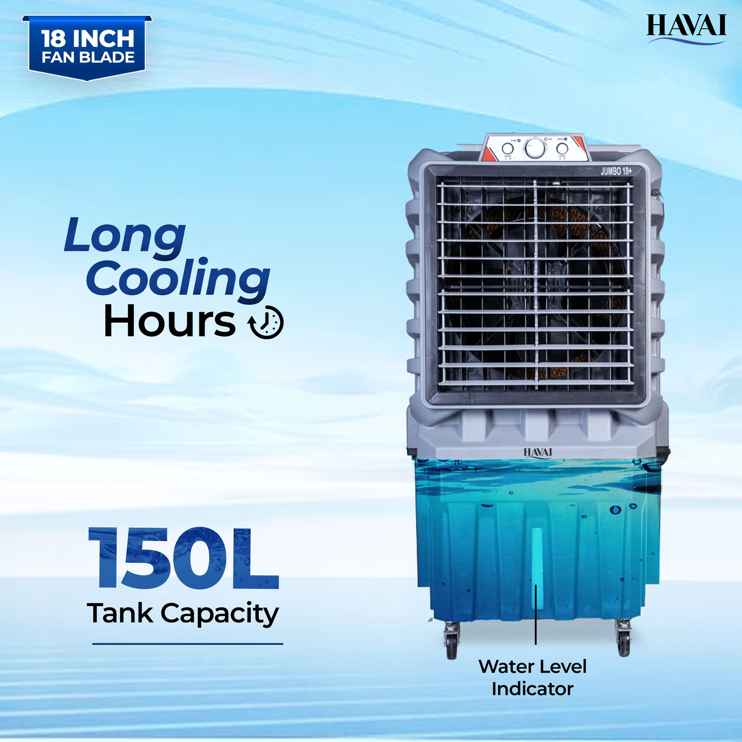 HAVAI Jumbo 18+ Massey Desert Cooler | 150L | 18-Inch Fan | Heavy-Duty 41mm Motor | 3-Side Honeycomb Pads | Auto Swing | Castor Wheels | 230V, 280W | White &amp; Grey