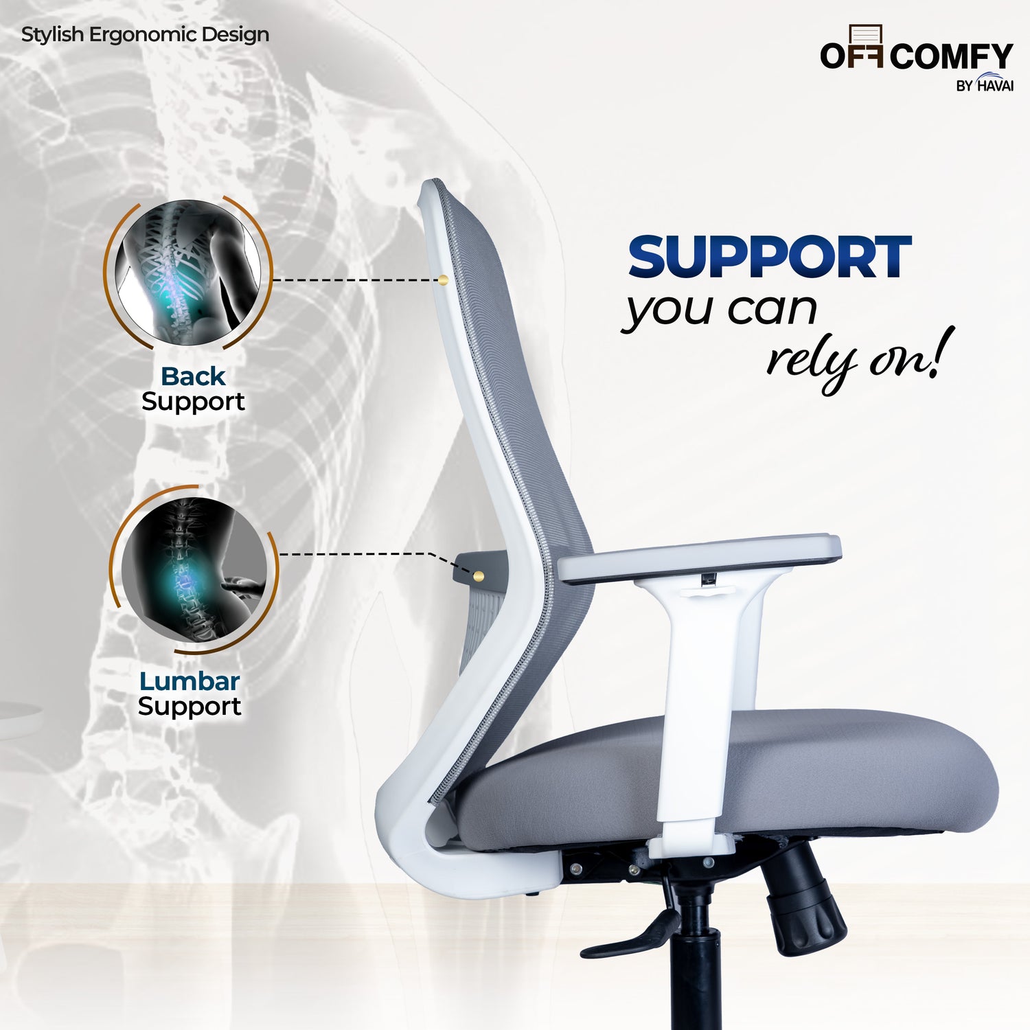 HAVAI Off-Comfy Luna Ergonomic Office Chair | Yuva Mesh Back | 2D Arms with TPU Pad | Synchro Tilt with Lock | Class 4 Samhongsa Gaslift | Claw Chrome Base | 60mm Castors (White)
