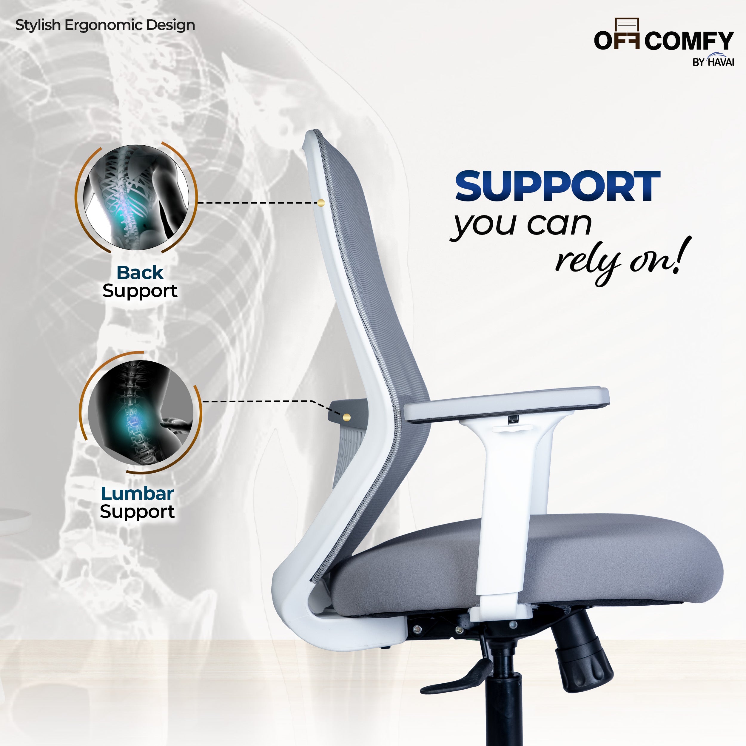 HAVAI Off-Comfy Luna Ergonomic Office Chair | Yuva Mesh Back | 2D Arms with TPU Pad | Synchro Tilt with Lock | Class 4 Samhongsa Gaslift | Claw Chrome Base | 60mm Castors (White)