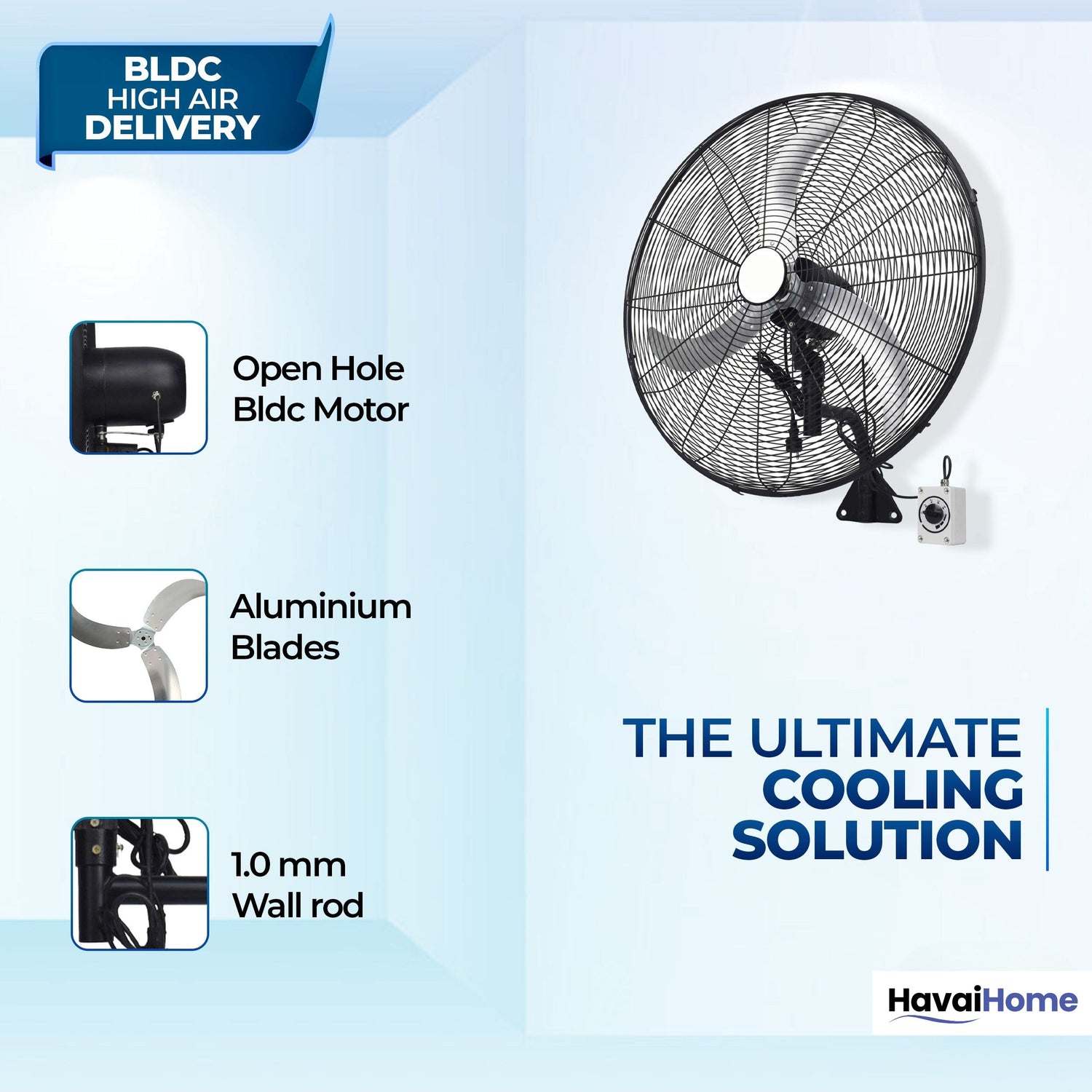 20" BLDC High-Speed Wall-Mount Fan – 3-Blade Design, Energy Efficient (20W-120W), 700-1400 RPM, 11,000 M³/Hr Airflow, 45-Foot Air Throw, 4-Speed Control, 2-Year Warranty