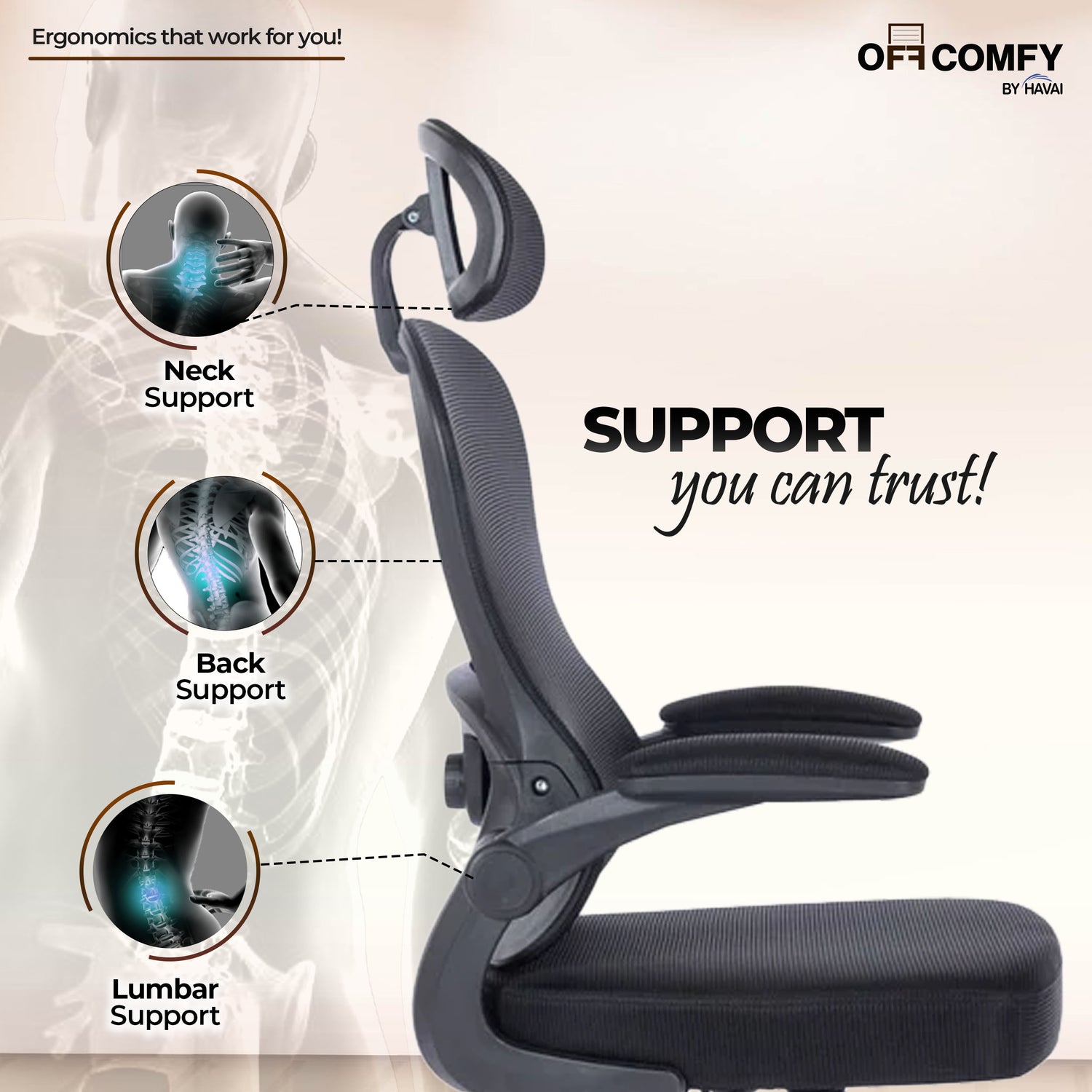 HAVAI LUMA BLACK Ergonomic Mesh Office Chair | Mid Back | Breathable Net Fabric | Height Adjustable | Class 2 Gas Lift | Nylon Base | Smooth Wheels | WFH &amp; Office (BLACK)