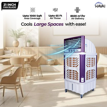 HAVAI 8X Flo Pro Plastic Body Duct Air Cooler | 100L Tank | 21” 4-Leaf Fan | 8500 m³/hr Airflow | 30 ft Air Throw | Double Ball Bearing Motor | 4-Side Honeycomb Cooling