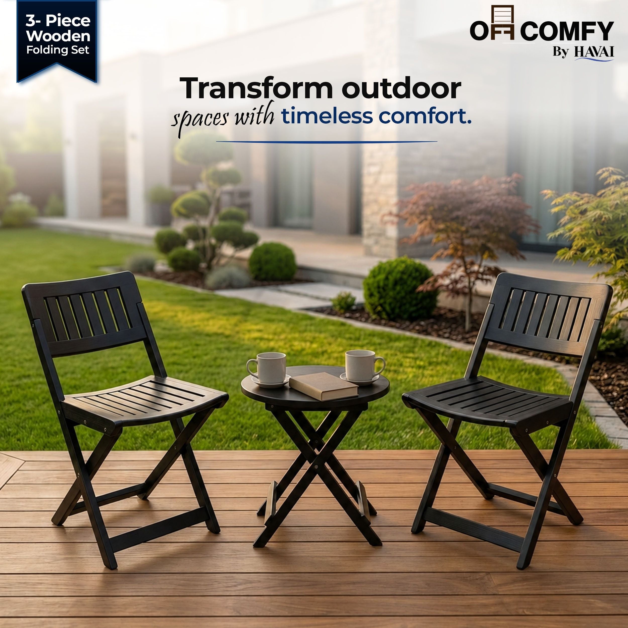 HAVAI Teakwood Foldable Balcony Furniture Set | 2 Chairs &amp; 1 Table | Premium Solid Teak Wood Outdoor Patio Set | Garden, Balcony, Terrace &amp; Cafe Furniture | Pre-Assembled Natural Wood Finish (BLACK)
