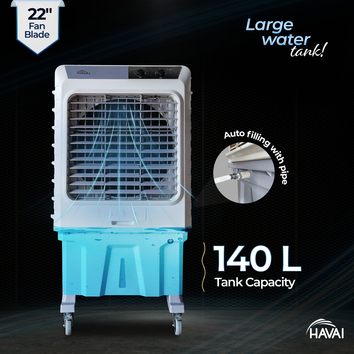 HAVAI Cyclone 24 Desert Air Cooler | 24&quot; Fan Blade | 150L Tank Capacity | 400W High-Performance Cooling | 750 Sq. Ft. Coverage | Auto Swing | Three Side Honeycomb Pads | Lockable Wheels | Grey