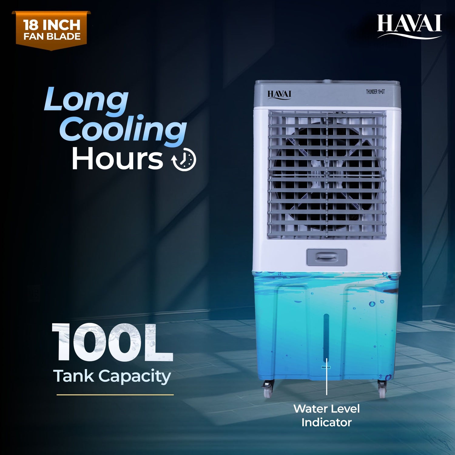 HAVAI Thunder 18+ GT Desert Cooler | 18” Aluminium Blade | 100L Tank | 3-Side Honeycomb Pads | 20 Ft Air Throw | Heavy-Duty 110mm Motor | Auto Swing | White &amp; Grey