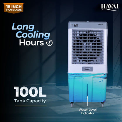 HAVAI Thunder 18+ GT Desert Cooler | 18” Aluminium Blade | 100L Tank | 3-Side Honeycomb Pads | 20 Ft Air Throw | Heavy-Duty 110mm Motor | Auto Swing | White &amp; Grey