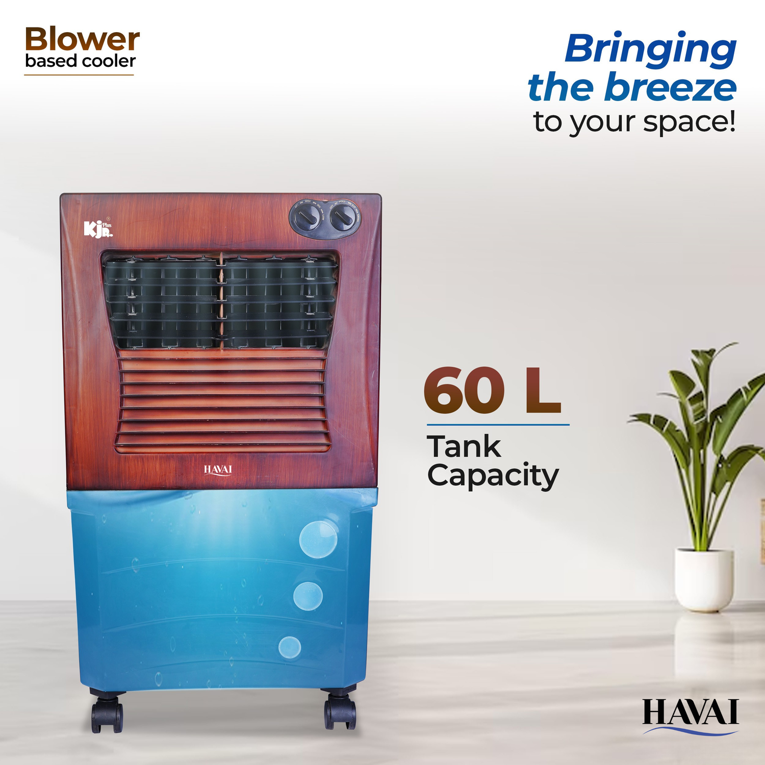 HAVAI KJR Ebony Plus Air Cooler |Wooden Finish |Blower Based Thrust | 200 Sq. Ft Area Coverage |12-Foot Air Throw |65 Litre Tank Capacity, Three Side Honeycomb, Ice Chamber, 1 Year Warranty