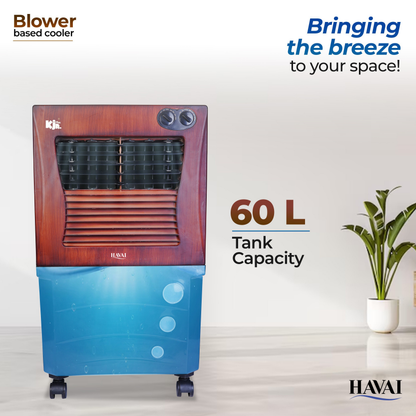 HAVAI KJR Ebony Plus Air Cooler |Wooden Finish |Blower Based Thrust | 200 Sq. Ft Area Coverage |12-Foot Air Throw |65 Litre Tank Capacity, Three Side Honeycomb, Ice Chamber, 1 Year Warranty