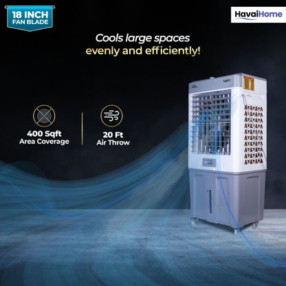 HAVAI Thunder 18 Desert Cooler | 18” Heavy-Duty Aluminium Fan Blade | 110 Dia 35mm Powerful Motor | Auto Swing | 3-Side Honeycomb Pads | 20 Ft Air Throw | 100L Tank | 1-Year Motor Warranty + Post-Warranty Support | White &amp; Grey