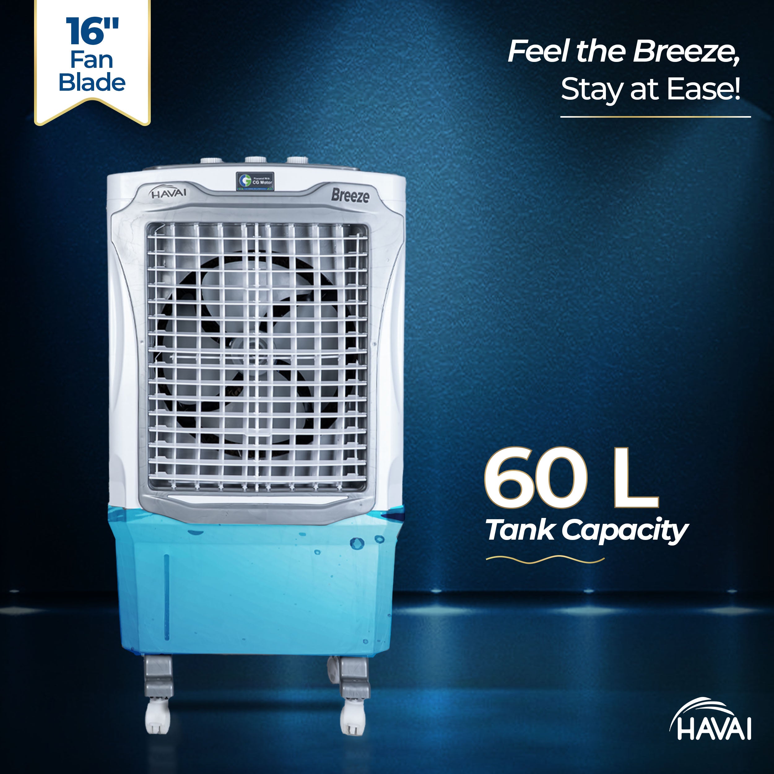 HAVAI Breeze 60L Desert Air Cooler | 16&quot; Fan Blade | 60L Tank Capacity | 500 Sq. Ft. Coverage | Auto Swing | Back Honeycomb Pads | White &amp; Grey