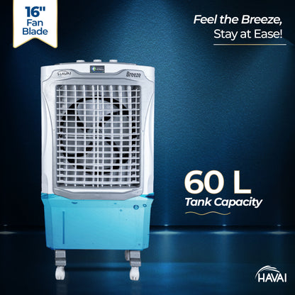 HAVAI Breeze 60L Desert Air Cooler | 16&quot; Fan Blade | 60L Tank Capacity | 500 Sq. Ft. Coverage | Auto Swing | Back Honeycomb Pads | White &amp; Grey