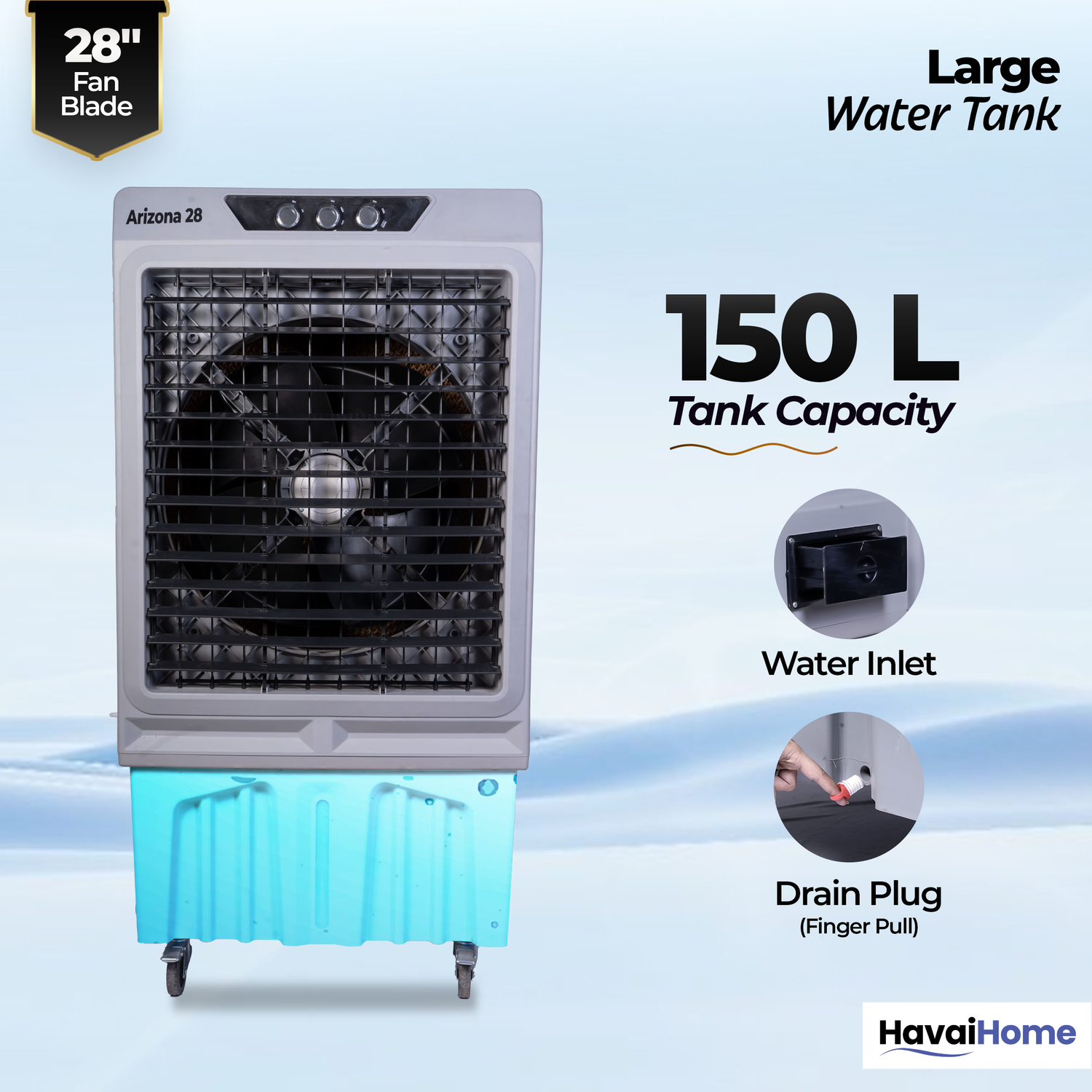 HAVAI Arizona 28 Industrial &amp; Commercial Air Cooler | 28-Inch Engineered 3-Leaf Blade | 10,000 m³/hr Air Delivery | 150L Tank | 500W Motor | 40 Ft Air Throw | Covers 700 Sq. Ft. | Finger Pull Drain Plug | 1-Year Warranty