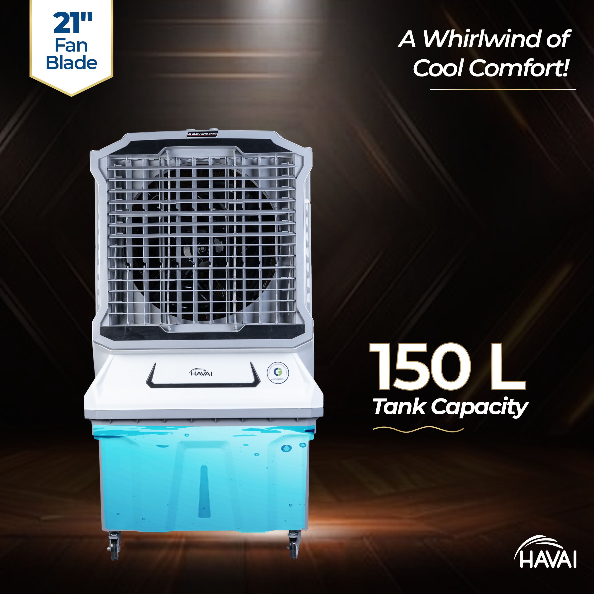 HAVAI Cyclone Desert Air Cooler | 21&quot; Fan Blade | 150L Tank Capacity | 330W High-Performance Cooling | 750 Sq. Ft. Coverage | Auto Swing | Back Honeycomb Pads | Lockable Wheels | White &amp; Grey