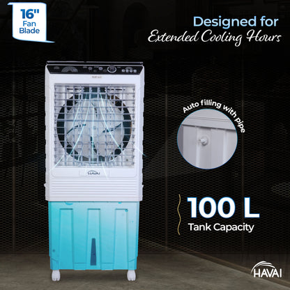 HAVAI Mighty 16 GT Glass Top Desert Air Cooler for Home &amp; Commercial Use | 16 Inch Fan, 100L Tank, 5190 m³/hr Air Delivery | 350 Sq Ft Coverage | Honeycomb Pads, Aluminium Motor, Low Noise | White &amp; Grey