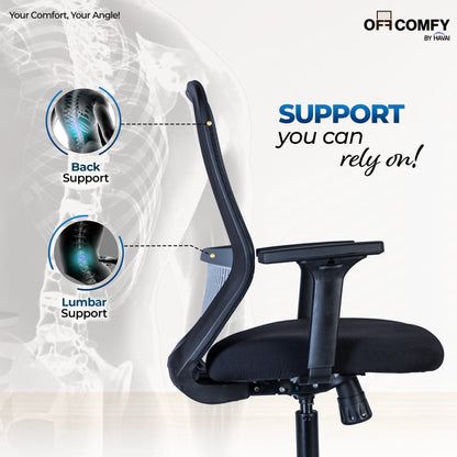 HAVAI Off-Comfy Luna Black Ergonomic Office Chair | Yuva Mesh Back | 2D Arms with TPU Pad | Synchro Tilt with Lock | Class 4 Samhongsa Gaslift | Claw Chrome Base | 60mm Castors(Black)