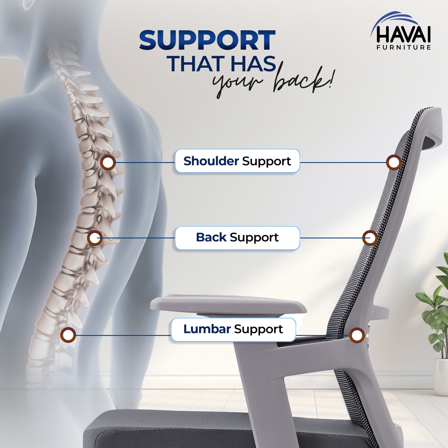 HAVAI Ergolite Mid Back Ergonomic Mesh Office Chair |  One Lock Tilt Mechanism | Fixed Armrests | Nylon Base |  Breathable Mesh Back (Grey)