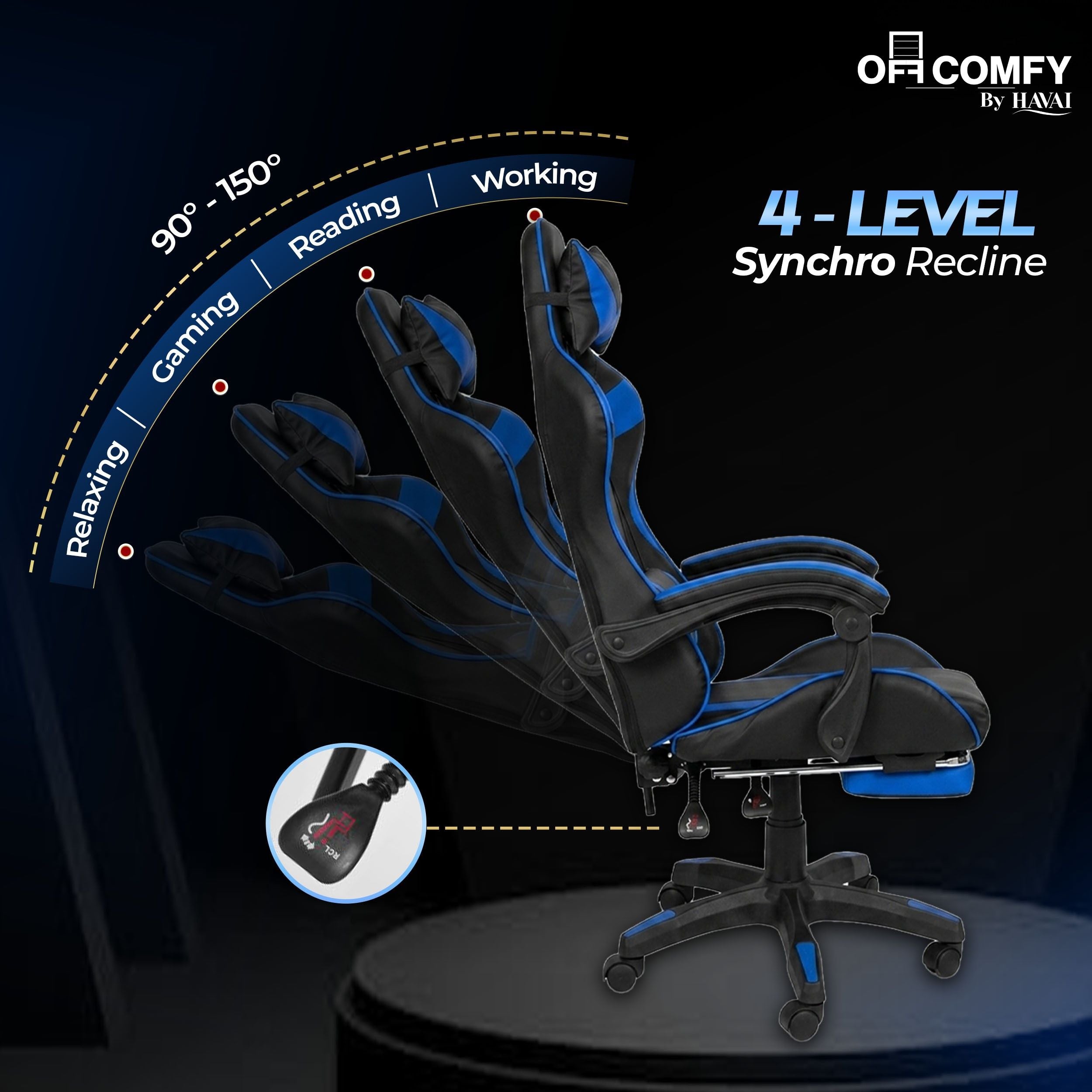 HAVAI Vortex BLUE Gaming Chair | Ergonomic High Back Computer Chair with Linkage Armrests | Reclining &amp; Folding Backrest | Premium 0.55mm PVC Upholstery | High Density Foam Cushion | Class 1 Gas Lift | 320mm Nylon Base | Heavy Duty Wheels | (Blue &amp; Black)