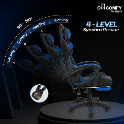 HAVAI Vortex BLUE Gaming Chair | Ergonomic High Back Computer Chair with Linkage Armrests | Reclining &amp; Folding Backrest | Premium 0.55mm PVC Upholstery | High Density Foam Cushion | Class 1 Gas Lift | 320mm Nylon Base | Heavy Duty Wheels | (Blue &amp; Black)