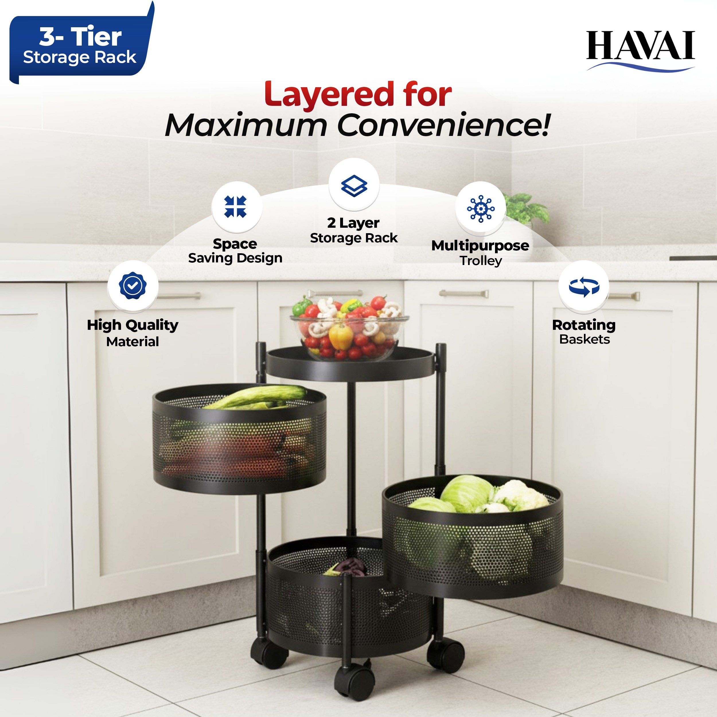 Havai 3 Tier Round Rolling Kitchen Storage Rack | Sturdy Metal Frame | Space-Saving Utility Shelf – Black