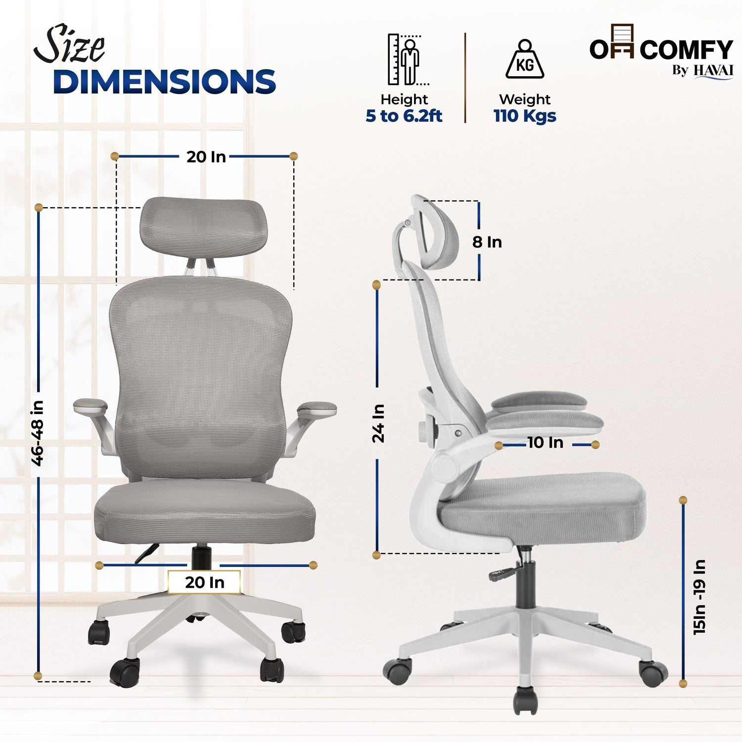 HAVAI LUMA GREY Ergonomic Mesh Office Chair | Mid Back | Breathable Net Fabric | Height Adjustable | Class 2 Gas Lift | Nylon Base | Smooth Wheels | WFH &amp; Office