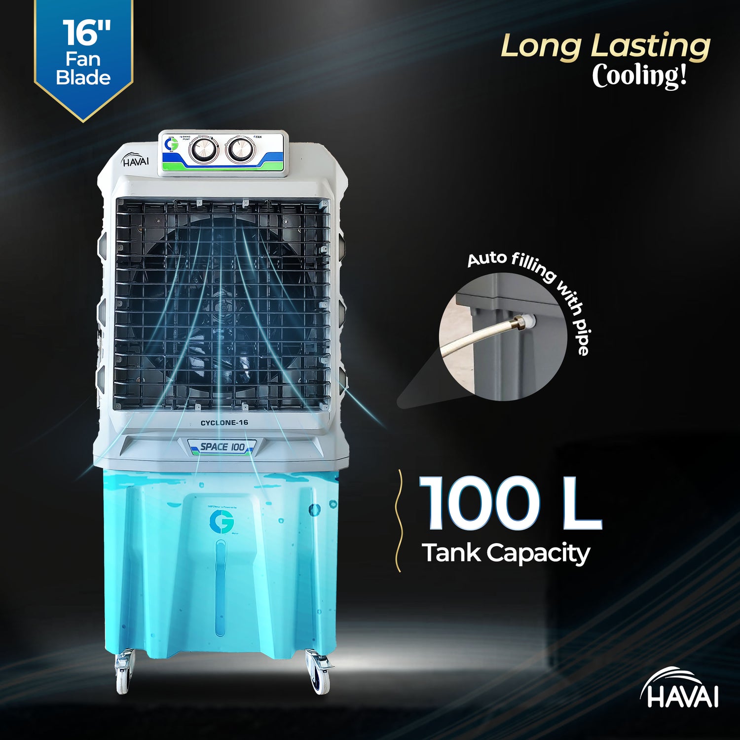 HAVAI Cyclone 16 Inch Desert Air Cooler | 16&quot; Fan Blade | 100L Tank Capacity | 500 Sq. Ft. Coverage | Auto Swing | Three Side Honeycomb Pads | Grey