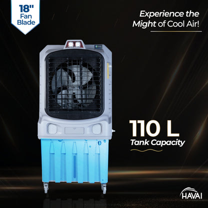 Havai Mighty 18&quot; Air Cooler | 18 Inch Blade | 110L Tank Capacity | 210W Power | 600 Sqft Coverage | Auto Swing | Back Honeycomb | Clockwise | Lockable Wheels