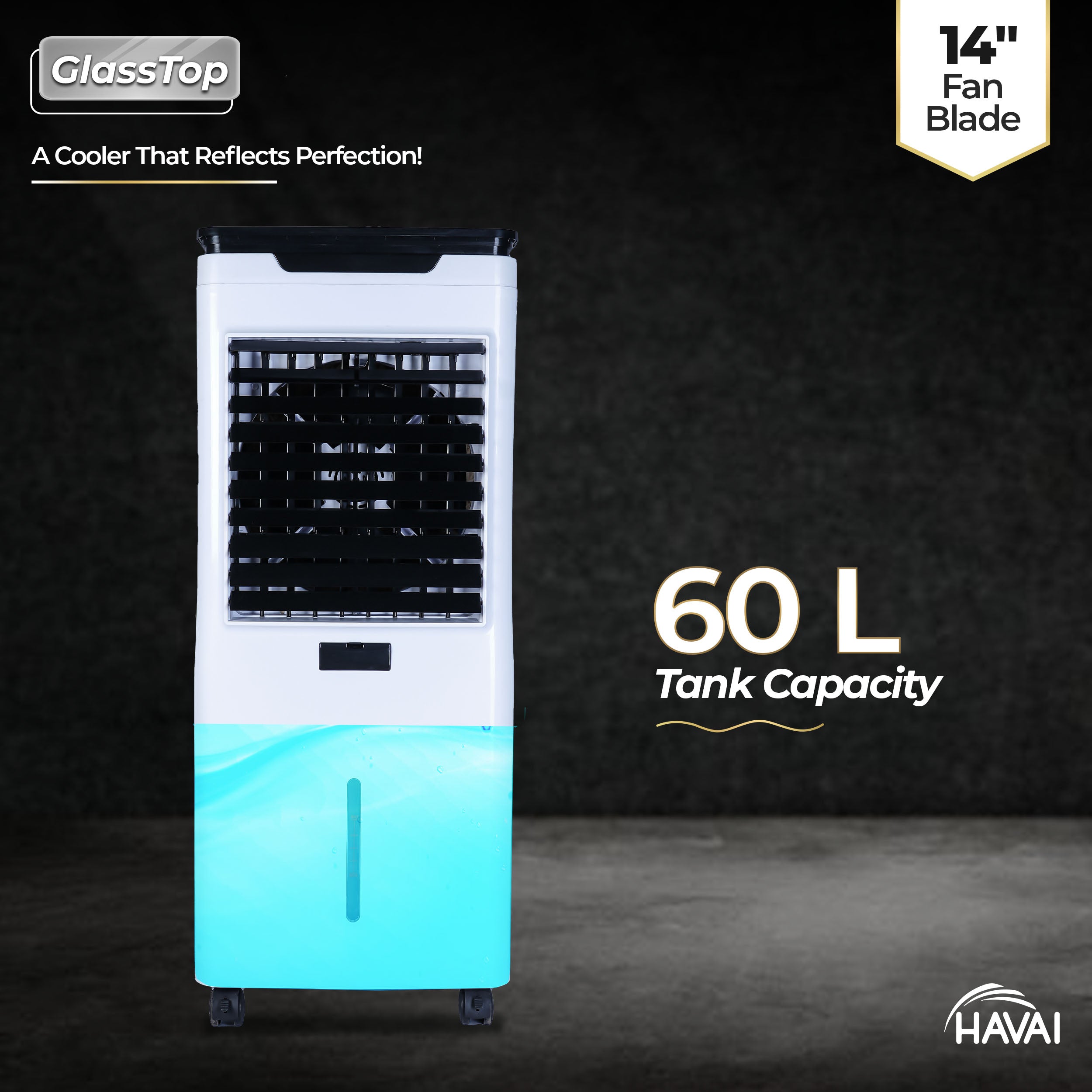 HAVAI Premium Glass Top GT 14 Air Cooler | 60L Tank Capacity | 14&quot; Fan Blade | 170W Power | 20ft Air Throw | 3-Side Honeycomb Cooling | Sleek Glass Top Design | 4 Castor Wheels
