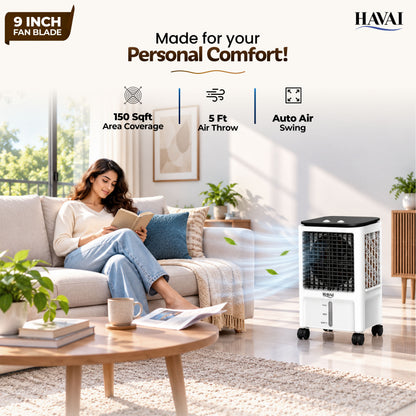 Havai Elite 9 Mini Personal Air Cooler, 15L Tank, 2600 RPM, 1800 CMH, 5-ft air throw, 3-side honeycomb pads, glass top, lockable wheels