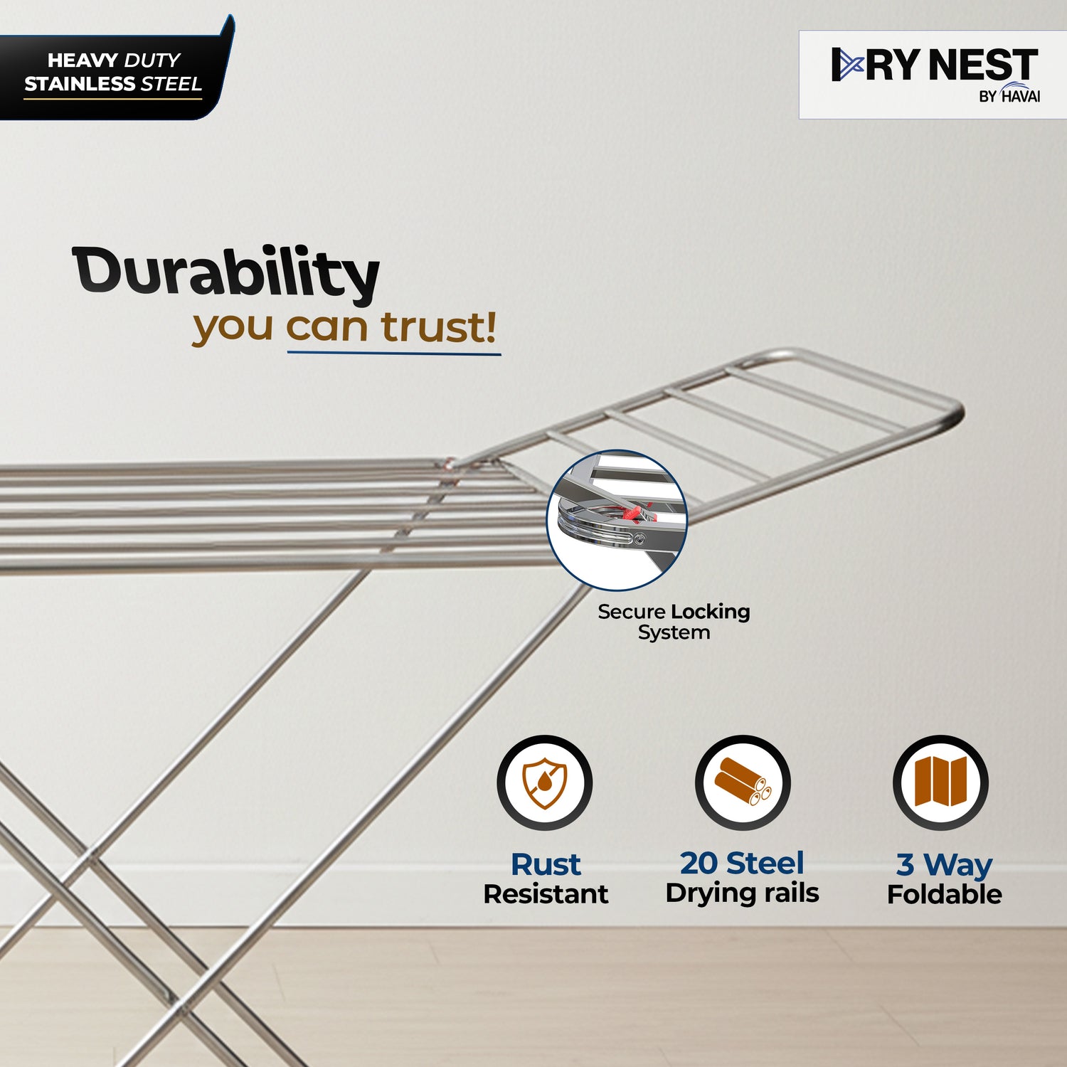HAVAI DryNest 3.8 KG Heavy Duty Foldable Clothes Drying Stand | 20 Square Rust-Free Steel Rods | Strong Load Capacity | 3-Way Folding Laundry Airer | Space-Saving Indoor &amp; Balcony Clothes Stand | 1-Year Warranty
