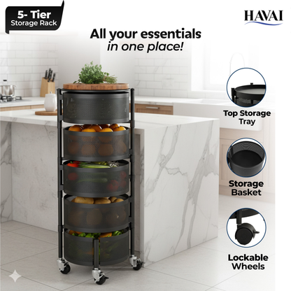 Havai 5 Tier Rolling Kitchen Storage Rack | Sturdy Metal Frame| Space-Saving Utility Shelf – Black