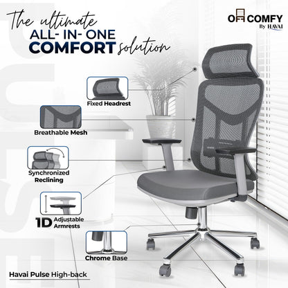 HAVAI Pulse High Back Ergonomic Mesh Office Chair |  Multi-Lock Tilt Mechanism | Chrome Base| Breathable Mesh Back | Fixed Headrest (Grey)