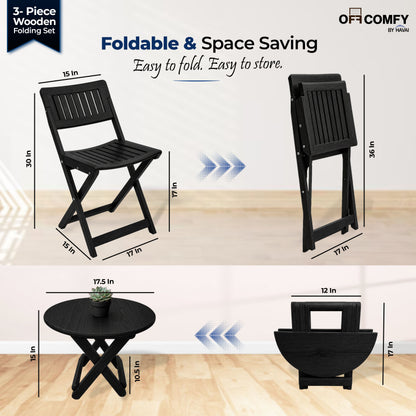 HAVAI Teakwood Foldable Balcony Furniture Set | 2 Chairs &amp; 1 Table | Premium Solid Teak Wood Outdoor Patio Set | Garden, Balcony, Terrace &amp; Cafe Furniture | Pre-Assembled Natural Wood Finish (BLACK)
