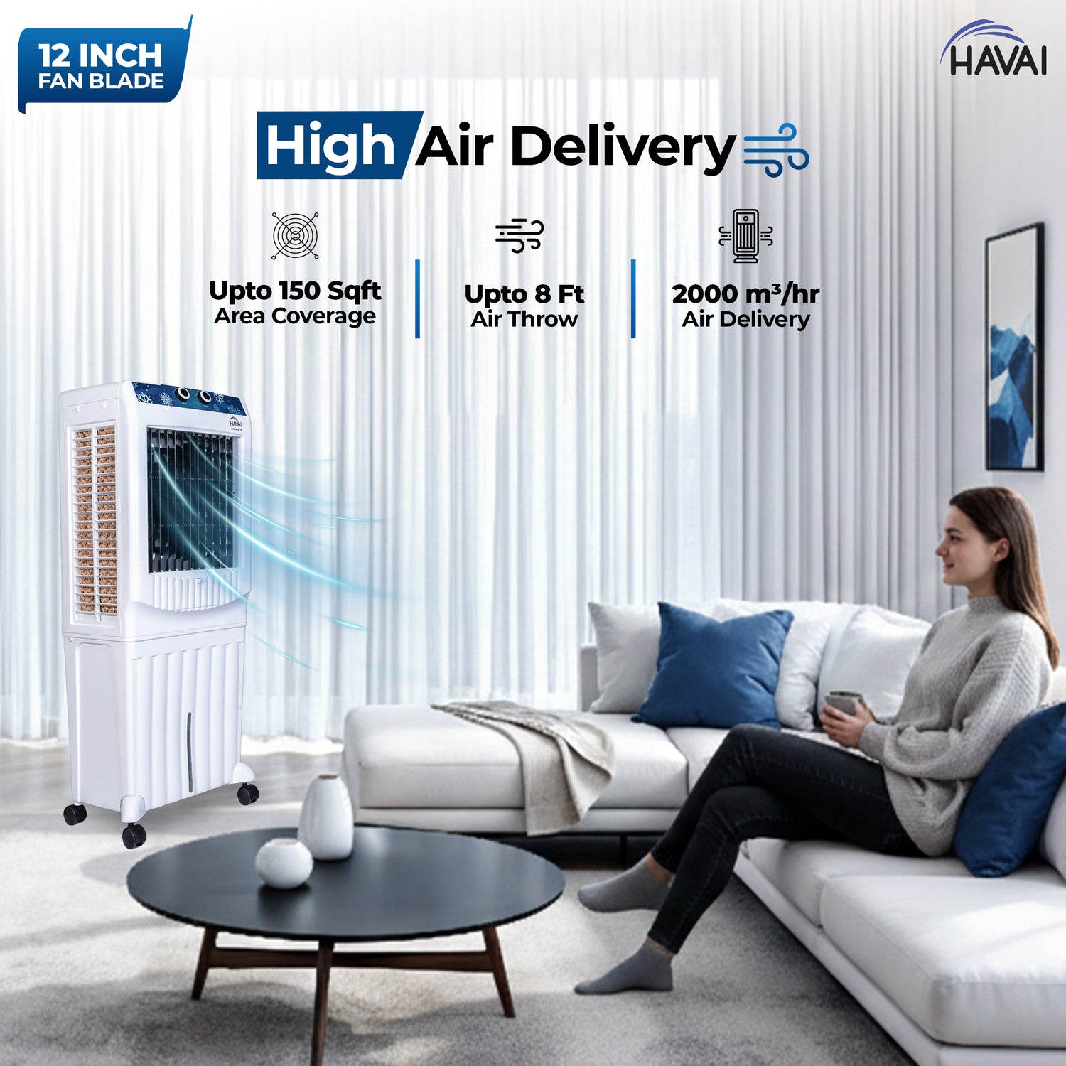 HAVAI Arizona 12 Personal Air Cooler | 12-Inch Fan | 60L Water Tank | Air Throw up to 8 Feet | 2000 m³/hr Air Delivery | 3-Side Honeycomb Pads | Motorised Louvers | Energy Efficient 120W | White