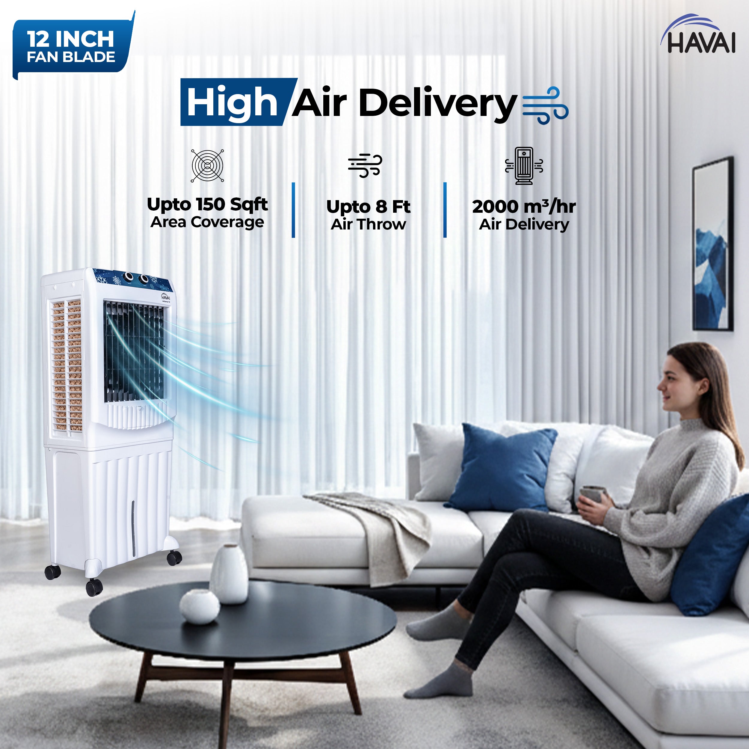 HAVAI Arizona 12 Personal Air Cooler | 12-Inch Fan | 60L Water Tank | Air Throw up to 8 Feet | 2000 m³/hr Air Delivery | 3-Side Honeycomb Pads | Motorised Louvers | Energy Efficient 120W | White