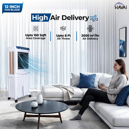 HAVAI Arizona 12 Personal Air Cooler | 12-Inch Fan | 60L Water Tank | Air Throw up to 8 Feet | 2000 m³/hr Air Delivery | 3-Side Honeycomb Pads | Motorised Louvers | Energy Efficient 120W | White