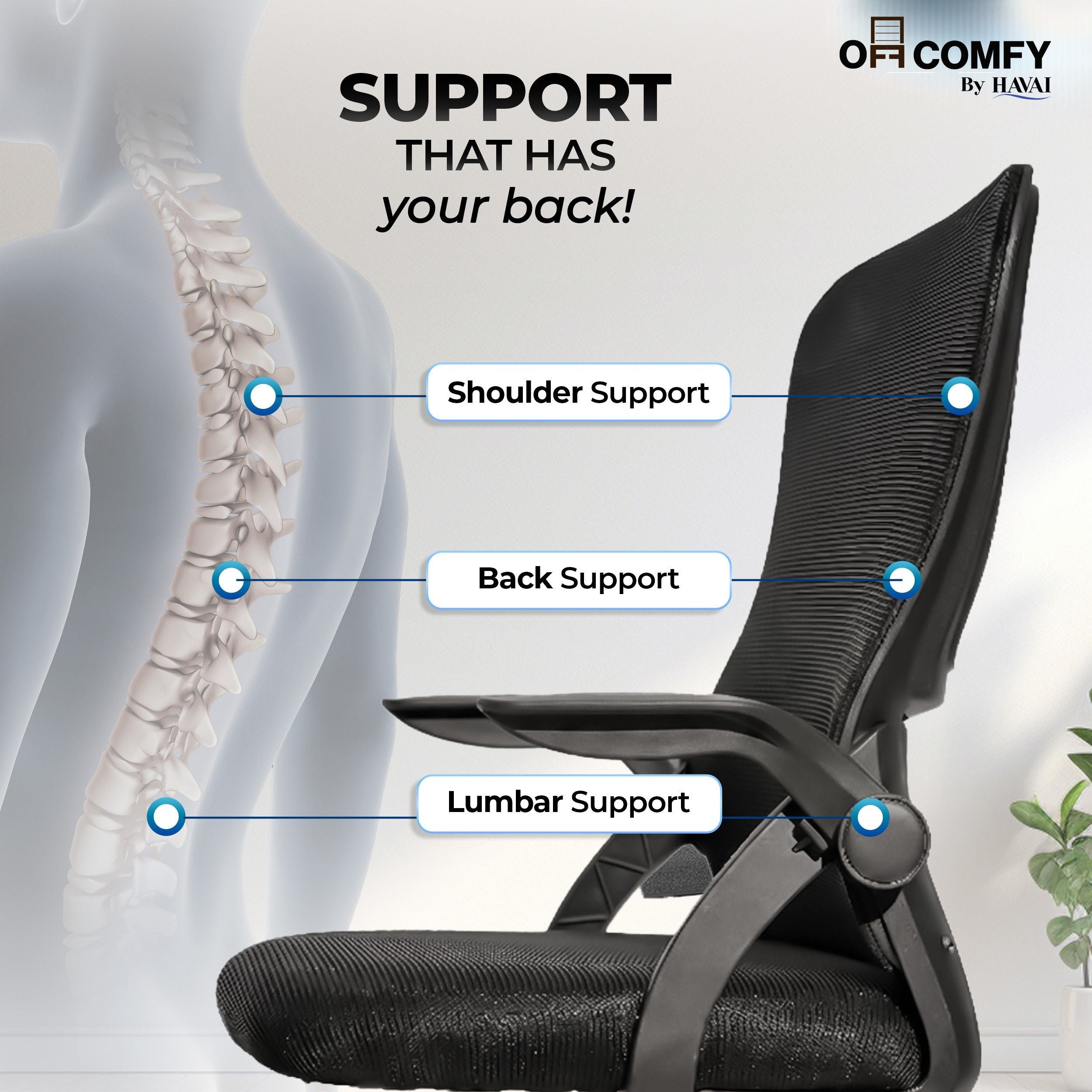 HAVAI Aero Black Ergonomic Office Chair | Premium Net Cloth Fabric | Reclining &amp; Folding Back | 60D Recycled Foam + 24D Virgin Cotton | Nylon Armrests | Class 2 Gas Lift | 310 Nylon Base | 2-Inch Smooth Wheels