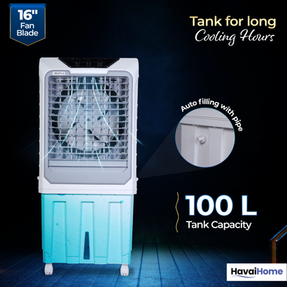 HAVAI Mighty 16 Desert Air Cooler | 16 Inch Special Bent-Edge Blade, 100L Tank, 5190 m³/hr Air Delivery | Covers 350 Sq Ft | Honeycomb Pads, Aluminium Motor, Closed Louvers, Wheels | White &amp; Grey