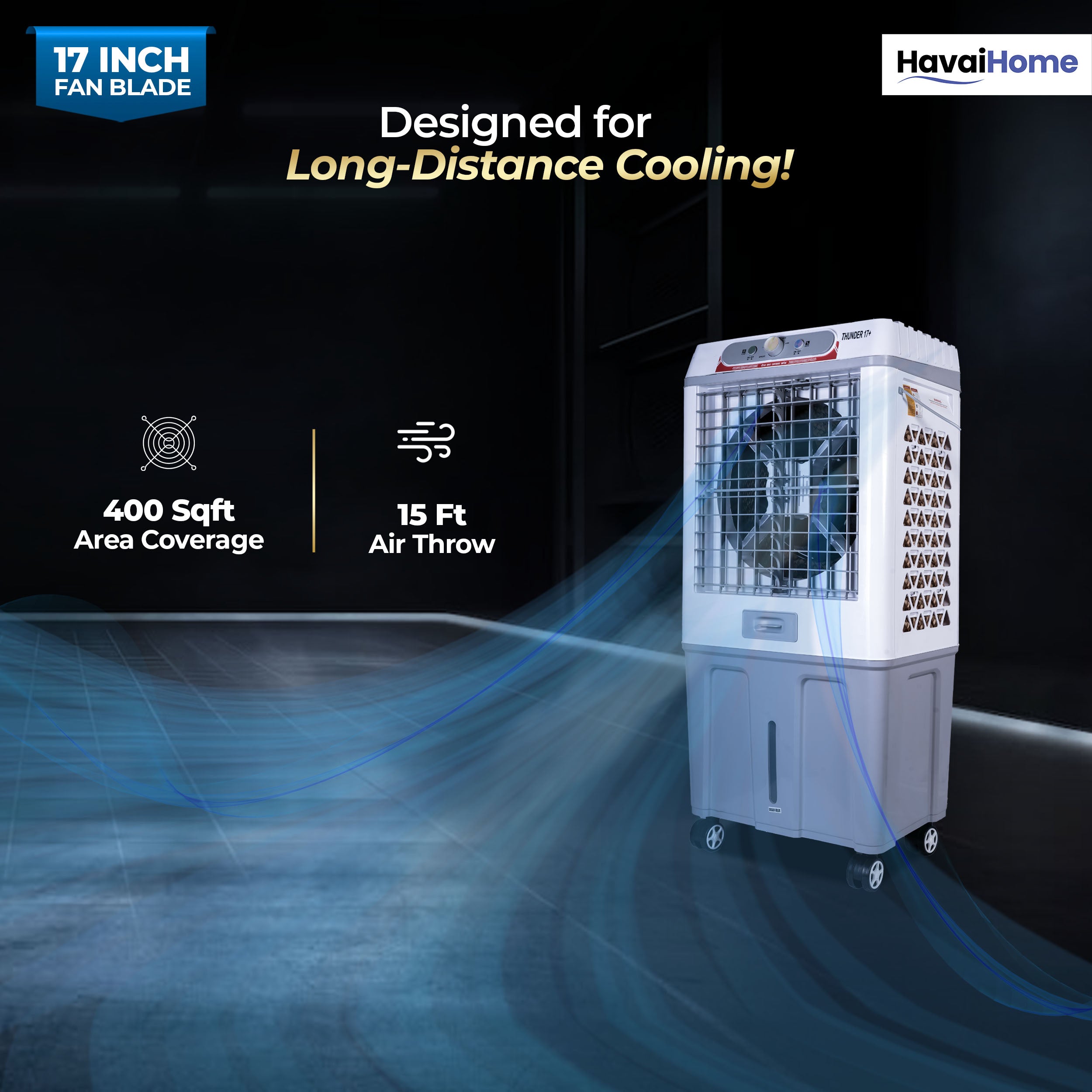 HAVAI Thunder 17+ Desert Cooler | 100L Tank | 17-Inch Fan Blade | 3-Side Honeycomb Pads | Heavy-Duty 110 Dia 32mm Motor | Auto Swing | 1-Year Motor Warranty &amp; Post-Warranty Service | White &amp; Brown