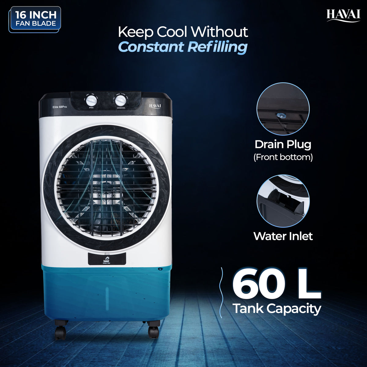 Havai Elite Pro 60 Desert Air Cooler, 60 L, 16-Inch Fan, 20 Ft Air Throw