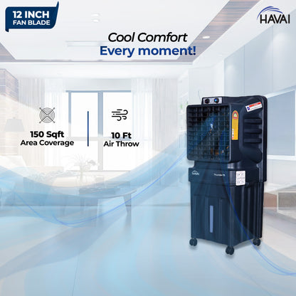 HAVAI Thunder-75 Tower Air Cooler | 70L Tank | 12″ Blade | Ideal for 150 sq ft Rooms | 130W Power | 10 ft Air Throw | 1350 RPM | Auto-Louver | 3-Speed | 1-Year On-Site Motor Warranty (Black)