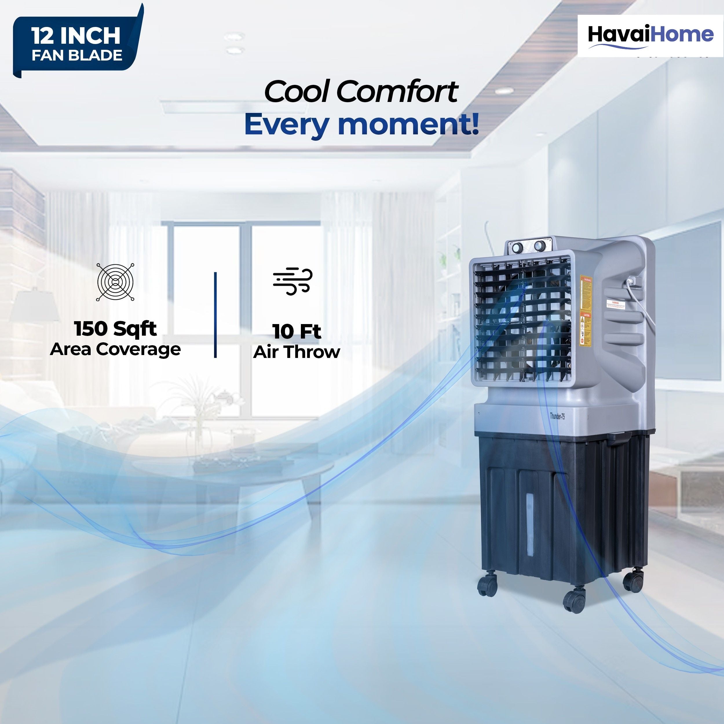 HAVAI Thunder-75 Tower Air Cooler | 70L Tank | 12″ Blade | Ideal for 150 sq ft Rooms | 130W Power | 10 ft Air Throw | 1350 RPM | Auto-Louver | 3-Speed | 1-Year On-Site Motor Warranty (Black &amp; Grey)