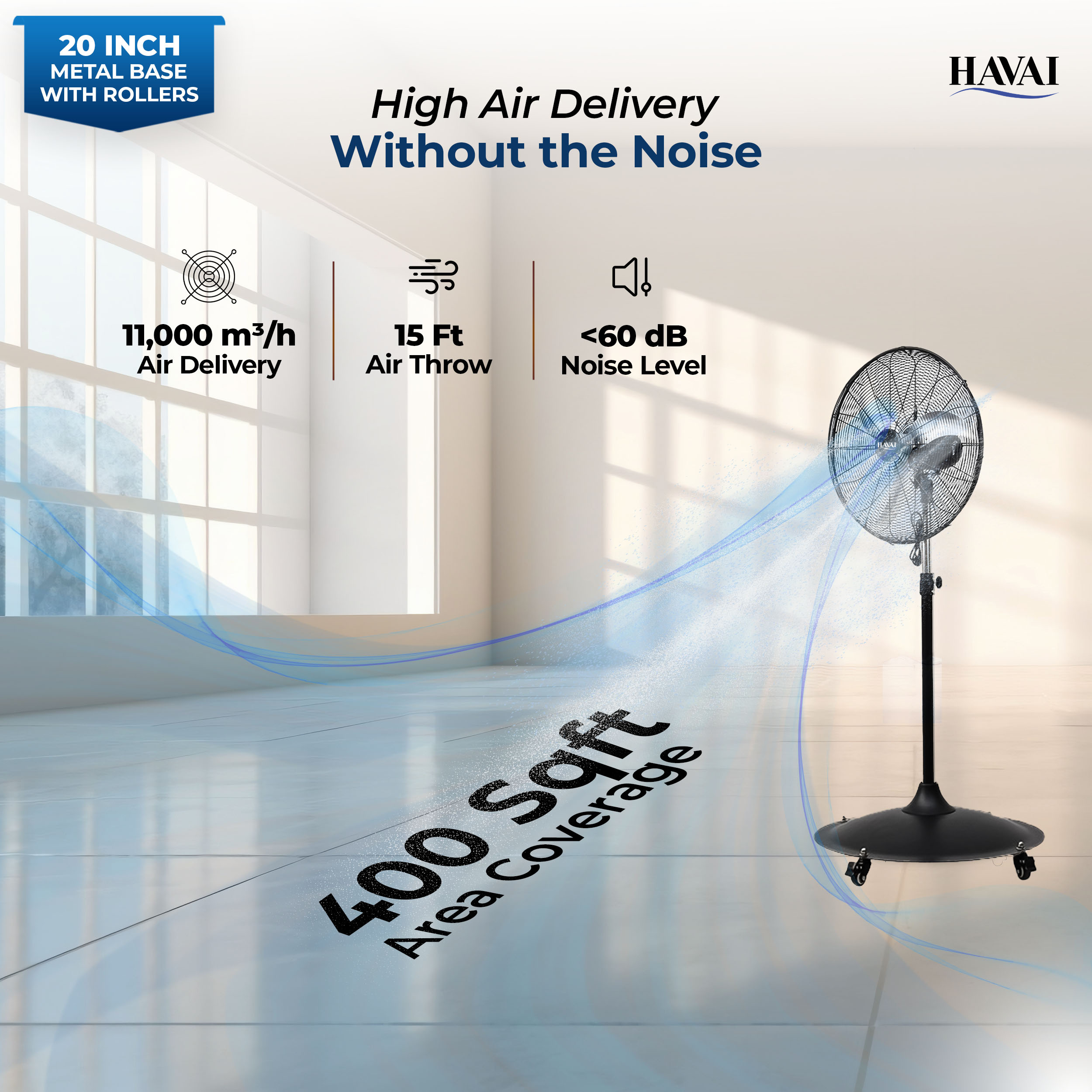 Havai 20-Inch Commercial BLDC Pedestal Fan (20–120W) | 2mm Aluminium Blades | Metal Base with 4 Lockable Industrial Wheels | Fingerproof Safety Grill | 4-Speed | 2-Year On-Site Warranty