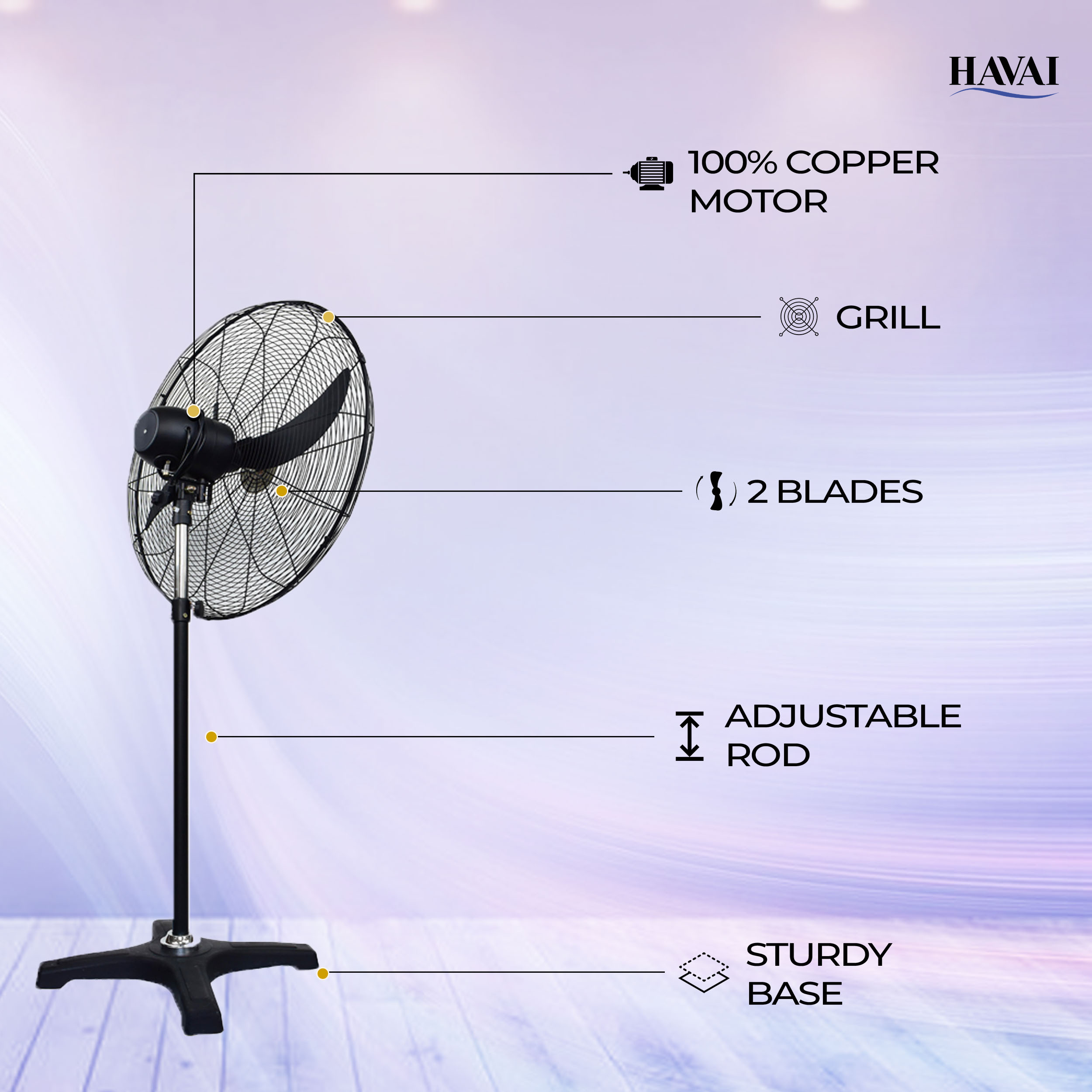 HAVAI BLDC Pedestal Fan 20 Inch, 50% Savings On Electricity, High Velocity, Heavy Duty Metal For Industrial, Commercial And Residential Use, Assembly Included , Black