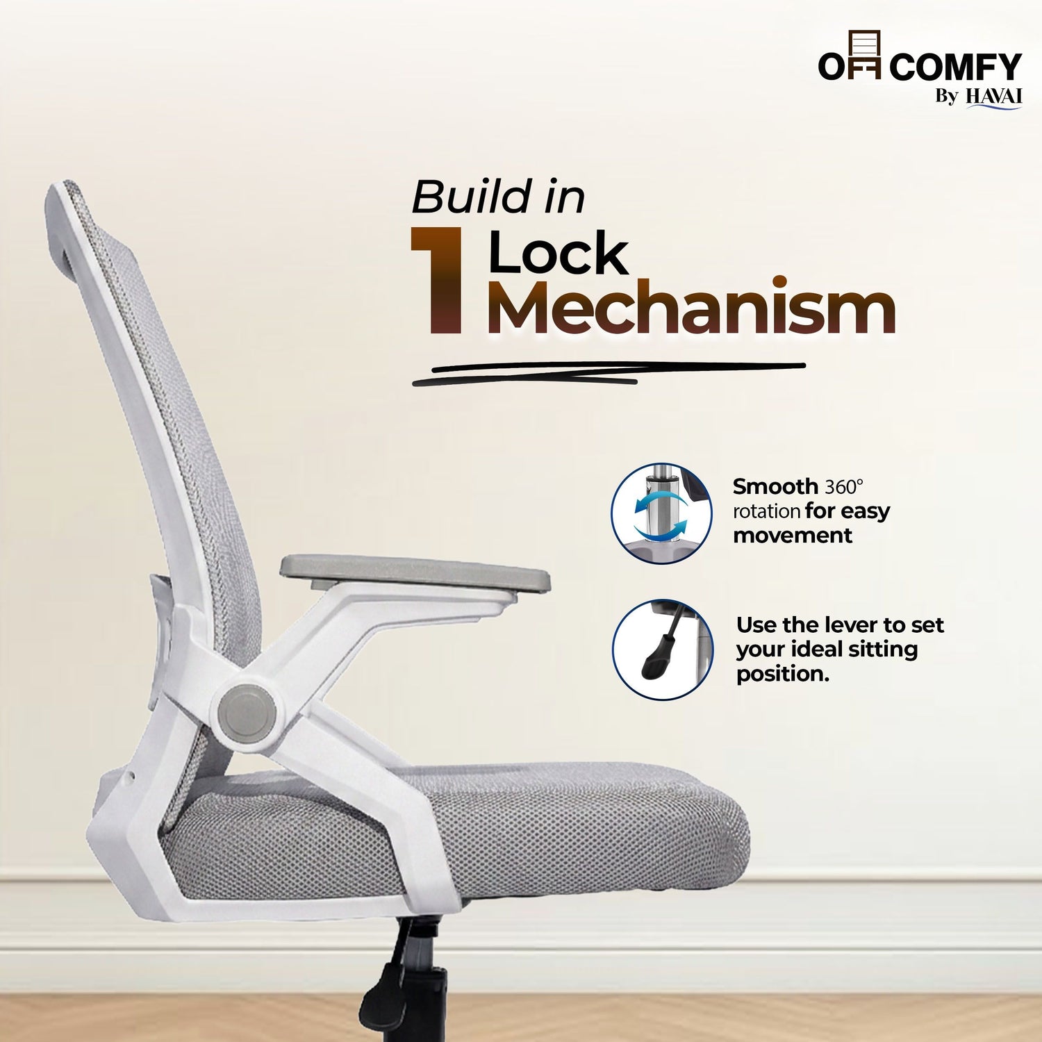 HAVAI Airon Ergonomic Office Chair with Mesh Back | Executive Computer Chair with Reclining &amp; Folding Function | Nylon Armrests | Class 2 Gas Lift | Plywood Base Support | Grey Seat | WFH &amp; Office Use | (Grey)